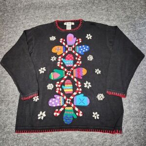 Vintage OHI Womens Christmas Sweater Kitschy Stitched Mittens Candy Cane XL Ugly